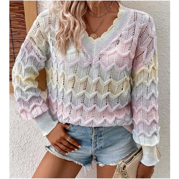 Cozy Pastel Colorblock V Neck Oversized Sweater Top - Picture 4 of 6